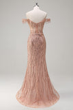 Sparkly Dusty Rose Sereia fora do ombro longo vestido de baile com fenda