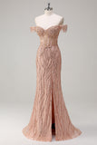 Sparkly Dusty Rose Sereia fora do ombro longo vestido de baile com fenda