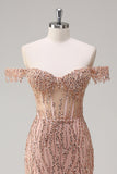 Sparkly Dusty Rose Sereia fora do ombro longo vestido de baile com fenda