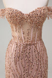 Sparkly Dusty Rose Sereia fora do ombro longo vestido de baile com fenda