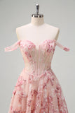 Rosa Floral Off The Shouder A-Line Corset Prom Dress com Fenda