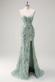 Vestido de Baile Longo Alças Finas Salva Brilhante Lantejoulas e Fenda