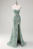 Sparkly Sage Esparguete Correias Sereia Long Sequin Prom Vestido com Fenda