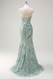 Sparkly Sage Esparguete Correias Sereia Long Sequin Prom Vestido com Fenda