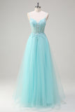 Sky Blue Espaghetti Correias Frisado A-Line Prom Dress com Appliques