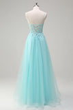 Sky Blue Espaghetti Correias Frisado A-Line Prom Dress com Appliques