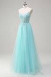 Sky Blue Espaghetti Correias Frisado A-Line Prom Dress com Appliques