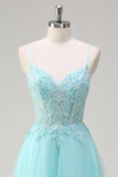 Sky Blue Espaghetti Correias Frisado A-Line Prom Dress com Appliques