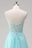 Sky Blue Espaghetti Correias Frisado A-Line Prom Dress com Appliques