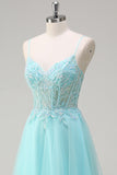 Sky Blue Espaghetti Correias Frisado A-Line Prom Dress com Appliques