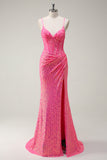 Sparkly Hot Pink Sequin Corset Sereia Vestido de Baile com Fenda