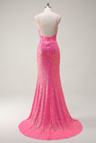 Sparkly Hot Pink Sequin Corset Sereia Vestido de Baile com Fenda