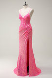 Sparkly Hot Pink Sequin Corset Sereia Vestido de Baile com Fenda