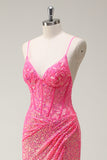 Sparkly Hot Pink Sequin Corset Sereia Vestido de Baile com Fenda