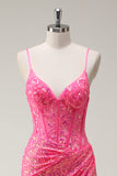 Sparkly Hot Pink Sequin Corset Sereia Vestido de Baile com Fenda