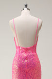 Sparkly Hot Pink Sequin Corset Sereia Vestido de Baile com Fenda