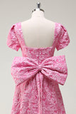 Fuchsia Pescoço Quadrado A-Line Bow Vestido Floral Prom com Fenda