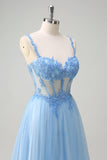 Azul brilhante A-Line Sheer Corset Lace Up Back Long Prom Dress com fenda