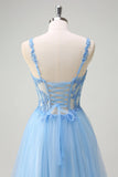 Azul brilhante A-Line Sheer Corset Lace Up Back Long Prom Dress com fenda