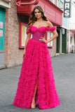 Fuchsia Tiered A-Line fora do ombro longo espartilho vestido de baile com missangas