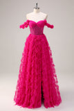 Fuchsia A-Line Tiered Off the Shoulder Long Corset Prom Dress com Missangas