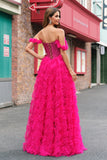 Fuchsia Tiered A-Line fora do ombro longo espartilho vestido de baile com missangas