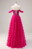 Fuchsia A-Line Tiered Off the Shoulder Long Corset Prom Dress com Missangas