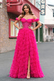 Fuchsia Tiered A-Line fora do ombro longo espartilho vestido de baile com missangas