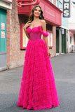 Fuchsia Tiered A-Line fora do ombro longo espartilho vestido de baile com missangas