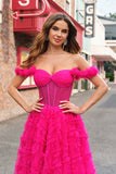 Fuchsia Tiered A-Line fora do ombro longo espartilho vestido de baile com missangas