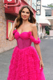 Fuchsia Tiered A-Line fora do ombro longo espartilho vestido de baile com missangas