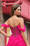 Fuchsia Tiered A-Line fora do ombro longo espartilho vestido de baile com missangas