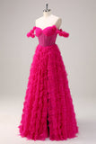 Fuchsia A-Line Tiered Off the Shoulder Long Corset Prom Dress com Missangas