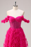 Fuchsia A-Line Tiered Off the Shoulder Long Corset Prom Dress com Missangas