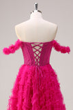 Fuchsia A-Line Tiered Off the Shoulder Long Corset Prom Dress com Missangas