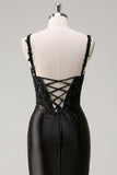 Preto Bainha Espaguete Correias Corset Frisado Vestido Longo Baile com Fenda