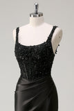 Preto Bainha Espaguete Correias Corset Frisado Vestido Longo Baile com Fenda