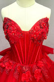 Glitter Querida Tule Appliqued Vestido Vermelho Quinceanera com trem