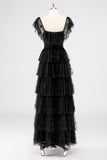 Uma linha preta pescoço quadrado vestido formal em camadas