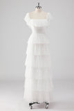 Uma linha preta pescoço quadrado vestido formal em camadas