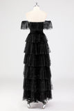 Uma linha preta pescoço quadrado vestido formal em camadas