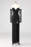 Preto Bainha Corset Cold Shoulder Renda Vestido Formal Com Mangas Longas