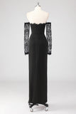 Preto Bainha Corset Cold Shoulder Renda Vestido Formal Com Mangas Longas