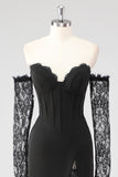 Preto Bainha Corset Cold Shoulder Renda Vestido Formal Com Mangas Longas