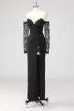 Preto Bainha Corset Cold Shoulder Renda Vestido Formal Com Mangas Longas