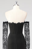 Preto Bainha Corset Cold Shoulder Renda Vestido Formal Com Mangas Longas