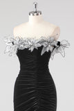 Sereia preta sem alças plissado vestido formal com flores 3D