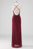 Burgundy Bainha V-Neck plissado frisado sem costas longo vestido formal com fenda