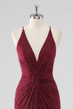 Burgundy Bainha V-Neck plissado frisado sem costas longo vestido formal com fenda