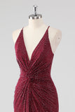 Burgundy Bainha V-Neck plissado frisado sem costas longo vestido formal com fenda